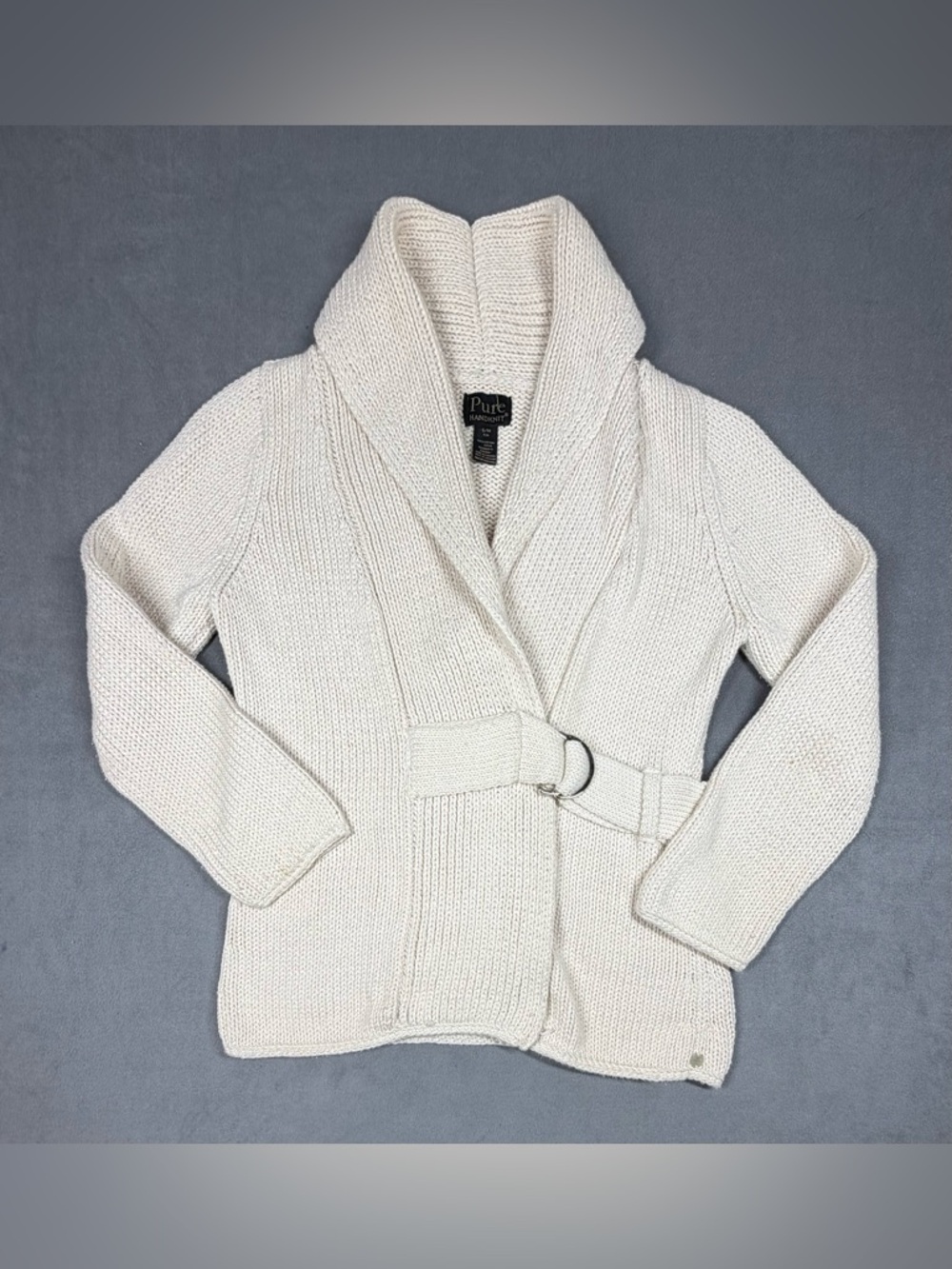 Pure Handknit Cream Shawl Collar Knit Cardigan with D-Ring Belt